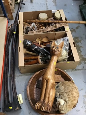 Lot 566 - Quantity of treen items including carved wood cat and large giraffe, two wooden printing blocks and sundries