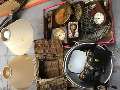 Lot 572 - Set kitchen scales, bass gong, mantle clock, small wicker hamper, two table lamps and sundries