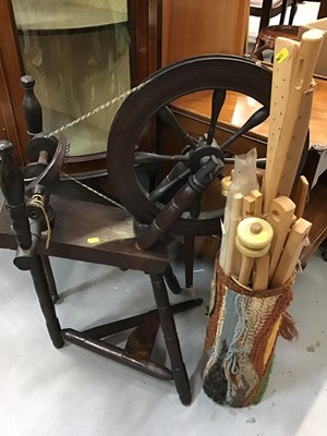 Lot 593 - Old wooden spinning wheel, together with other sewing accessories