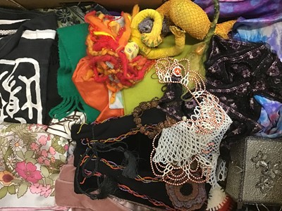 Lot 1807 - Two boxes of vintage textiles and accessories including stockings in packets, evening bags, silk scarves and bijouterie