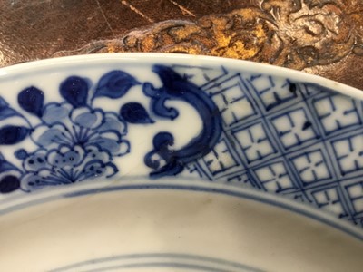 Lot 194 - Good pair of Chinese blue and white porcelain dishes, each painted with two figures in a rocky landscape