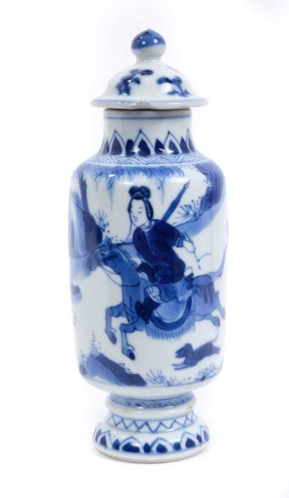 Lot 2 - Chinese Kangxi period blue and white porcelain vase and cover, of cylindrical form with stepped base, painted with figures on horseback