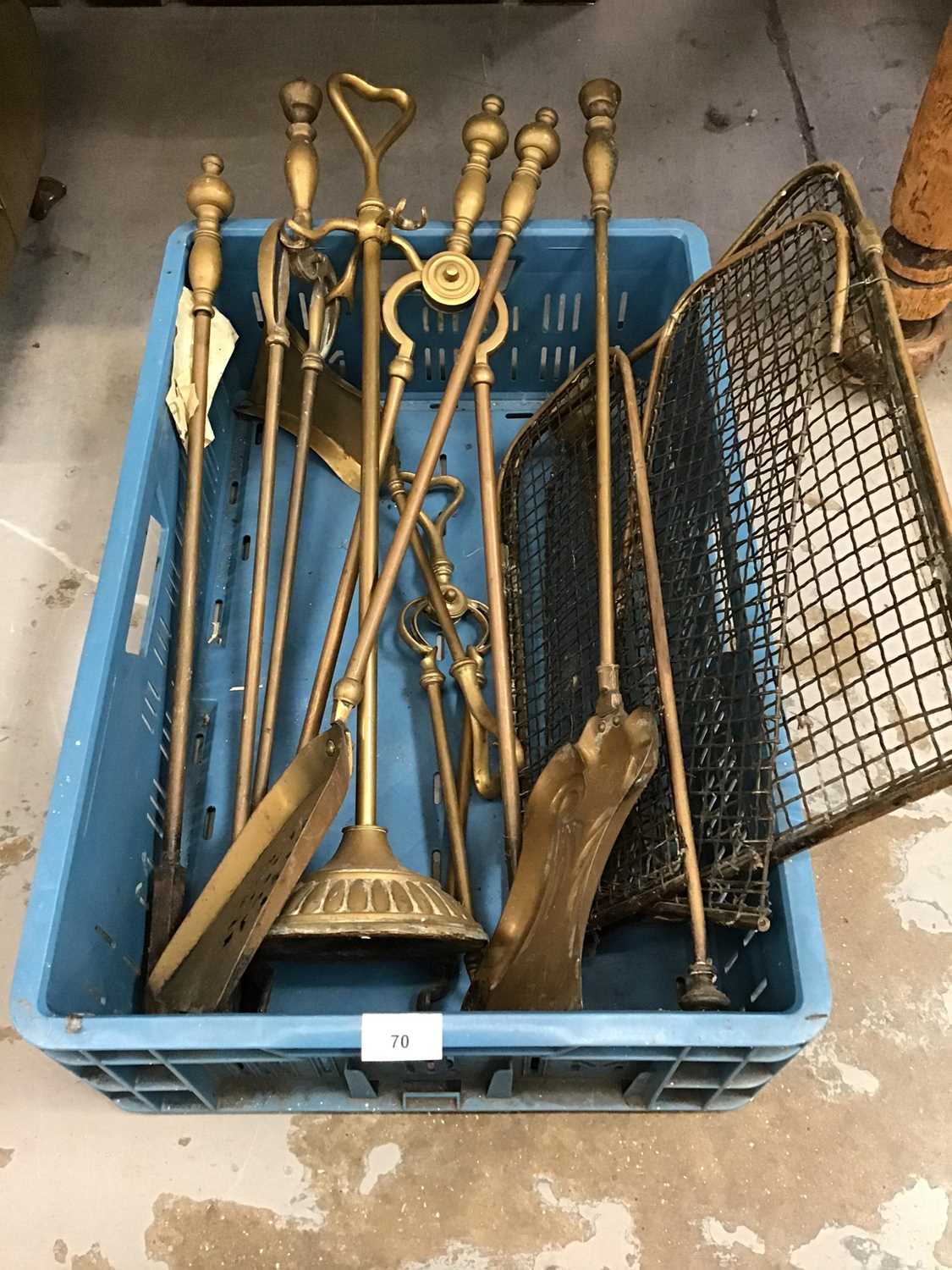 Lot 70 - Assorted brass fire irons, stand and folding guard
