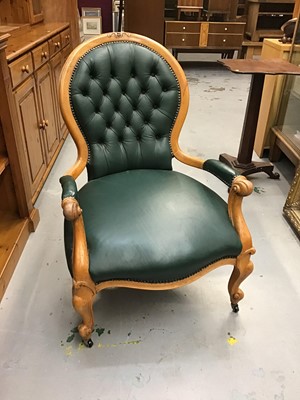 Lot 938 - Victorian open beech armchair with buttoned green leather upholstery on cabriole legs