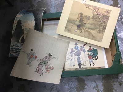 Lot 348 - One box of Japanese silk paintings, woodblock prints and other Japanese art works