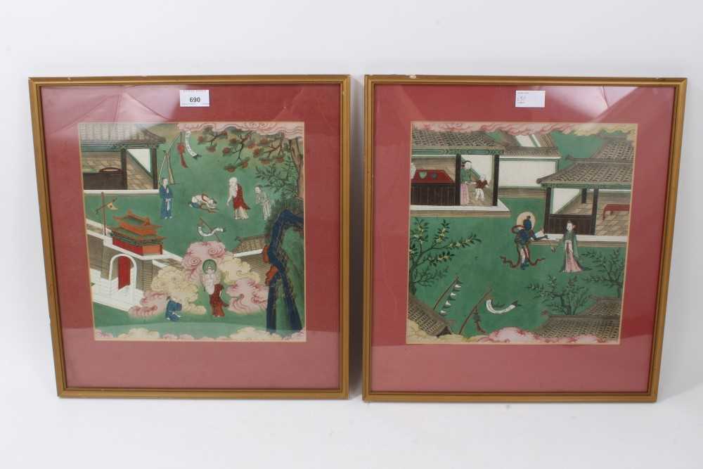 Lot 690 - Pair of 18th / 19th century. Chinese gouache works on paper depicting deities in gardens