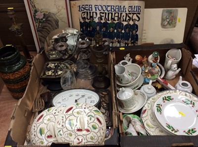 Lot 496 - Sundry items, including Beatrix Potter and Snowman figures, brass lamp columns, ceramics, etc