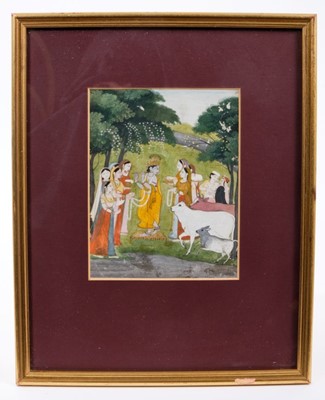 Lot 693 - Indian School 18th / 19th century, gouache on paper - figures and  sacred bulls