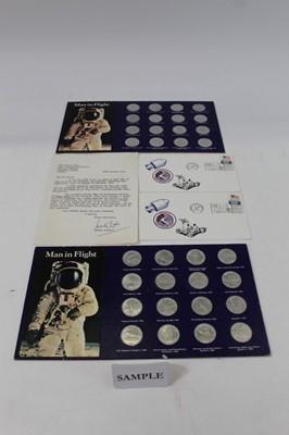 Lot 1150 - One box of assorted ephemera relating to the Apollo Space missions including badge for Monty Lister a BBC journalist