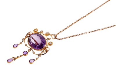 Lot 459 - Edwardian amethyst and seed pearl pendant necklace