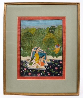 Lot 695 - Indian School 18th / 19th century, gouache on paper - bathers disturbed by Krishna