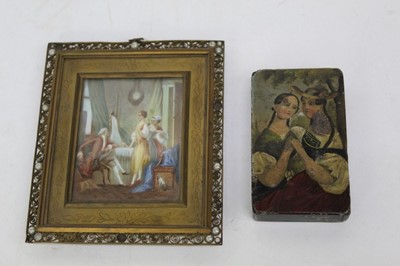 Lot 1975 - Papier-mâché snuff box and a 19th C watercolour