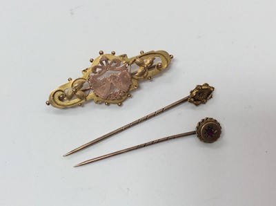 Lot 661 - Victorian 9ct gold brooch and two Victorian stick pins