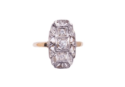 Lot 464 - Art Deco style diamond and platinum cocktail ring with a rectangular openwork plaque, set with old cut , brilliant cut and single cut diamonds in platinum setting on 18ct gold shank.