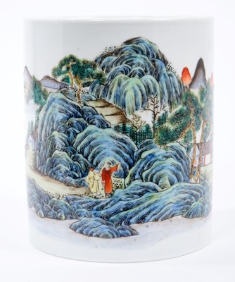 Lot 117 - Chinese porcelain brush pot, polychrome painted with landscape scenes and calligraphy