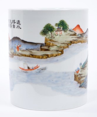 Lot 17 - Chinese porcelain brush pot, polychrome painted with landscape scenes and calligraphy