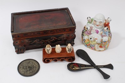 Lot 257 - Chinese bronze mirror, carved box, porcelain Buddha figure and other oriental items