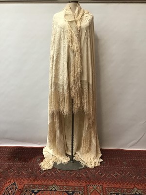 Lot 1781 - Large Chinese cream silk embroidered shawl with knotted tassellled fringing.