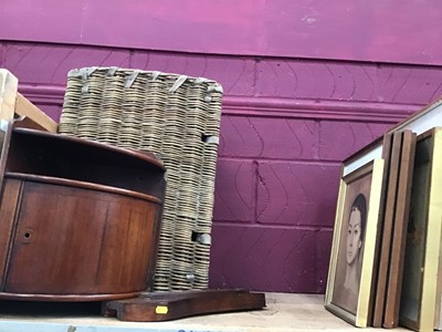 Lot 537 - Wicker laundry basket, corner wall cabinet, thermometer plaque, Four London scene prints and other pictures