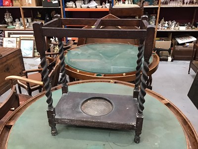 Lot 965 - 1930's oak stick stand with barley twist legs together with a stick back children's chair and a piano stool with tapestry seat (3)