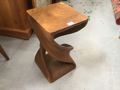 Lot 966 - Unusual hardwood stand of square form with open spiral column together with a three tier cake stand with carved strawberry decoration (2 items)