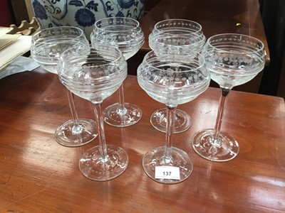 Lot 137 - Set of six 1920s hock glasses with etched foliate borders