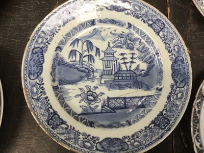 Lot 172 - Five various 18th century Chinese export blue and white dishes, together with a delft dish