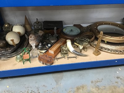 Lot 223 - Sundry items, including two gilt mirrors, barometer, painted ostrich eggs, plated trays, etc