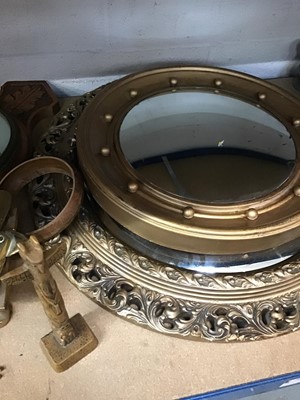 Lot 223 - Sundry items, including two gilt mirrors, barometer, painted ostrich eggs, plated trays, etc