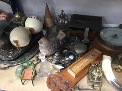 Lot 223 - Sundry items, including two gilt mirrors, barometer, painted ostrich eggs, plated trays, etc