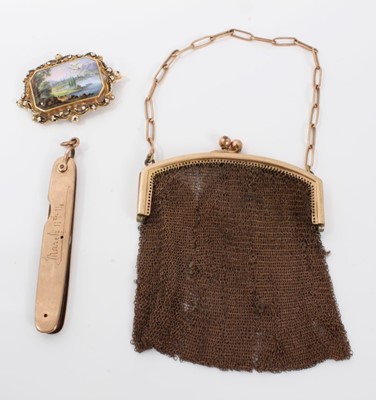 Lot 483 - 19th century Swiss gold and enamel brooch, gold mounted penknife and an Edwardian gilt metal purse