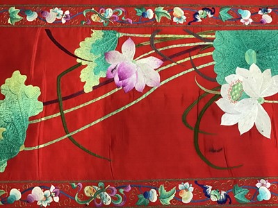 Lot 1776 - Large Chinese embroidered red silk wall hanging. Polychrome silk thread and metallic embroidered white crane, insects, symbols, bats and flowers . Pink cotton backing and wood baton for handing. 29...