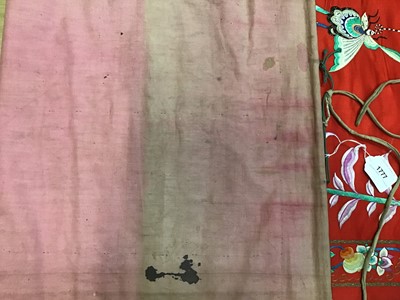 Lot 1777 - Large Chinese embroidered red silk wall hanging. Polychrome silk thread embroidered colourful cockerel, lotus flowers, other flowers, insects, clouds and symbols. Pink cotton backing and wood rod f...