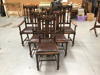 Lot 960 - Set of six 1920's oak barley twist dining chairs