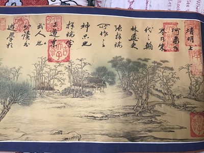 Lot 1780 - Chinese embroidered silk Dragon wall hanging plus three silk brocade dragon hangings.  Also two Tibetan Thanka   painted silk panels.