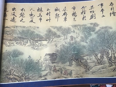 Lot 1780 - Chinese embroidered silk Dragon wall hanging plus three silk brocade dragon hangings.  Also two Tibetan Thanka   painted silk panels.