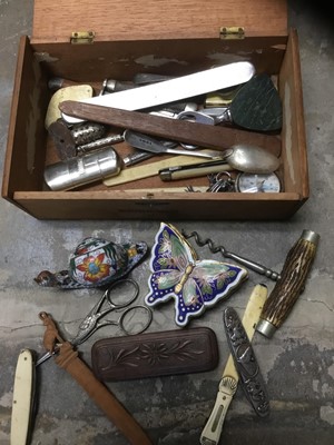 Lot 180 - Assorted works of art including cloisonne snail, silver spoons, pen knives sundries