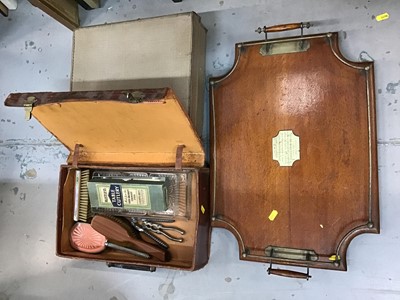 Lot 585 - Brass railed oak serving tray, vintage brief case and one other with enamelled brush set etc