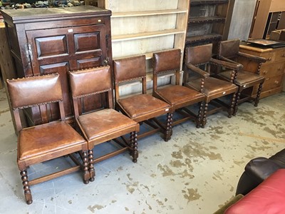 Lot 991 - Set of six good quality oak dining chairs with studded backs