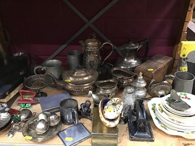 Lot 588 - Plated four piece tea set, pewter tankards, plated ware and china tea ware