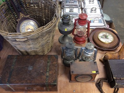 Lot 430 - Stow Green wicker log basket, wall barometer, wooden work box, clocks, vintage lanterns and sundries