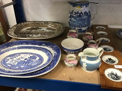 Lot 214 - 19th century English ceramics, including transfer ware platters and jug, miniature Sunderland lustre jugs, and a framed set of nursery ware dishes