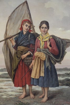 Lot 953 - Good interesting 19th Century oil on canvas depicting two French fish girls, signed. Noonier