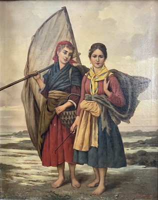 Lot 214 - J. Mounier, late 19th century, oil on canvas - two fisher girls, signed and dated, in gilt frame, 67cm x 53cm
