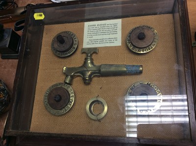 Lot 442 - Cased set of barrel and tap bushes, Whitbread Drey model, horse brasses, dragon mask and sundries
