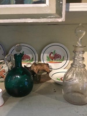 Lot 240 - Victorian Bristol green glass claret jug/flagon, Georgian glass decanter and sundry china