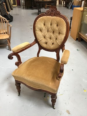 Lot 1006 - Victorian mahogany framed armchair with upholstered seat, back and arms, on turned front legs