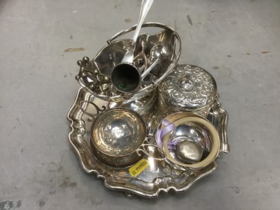 Lot 676 - Silver and plate to include silver wine taster, plated pie crust card tray, lidded glass tidy, silver tea strainer on stand, plated swing hankded basket other items