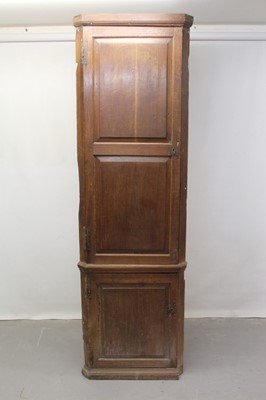 Lot 1209 - Tall 18th century panelled oak two-height corner cupboard