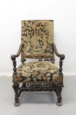 Lot 1217 - 17th century style carved walnut open arm chair with needlework upholstered seat and back